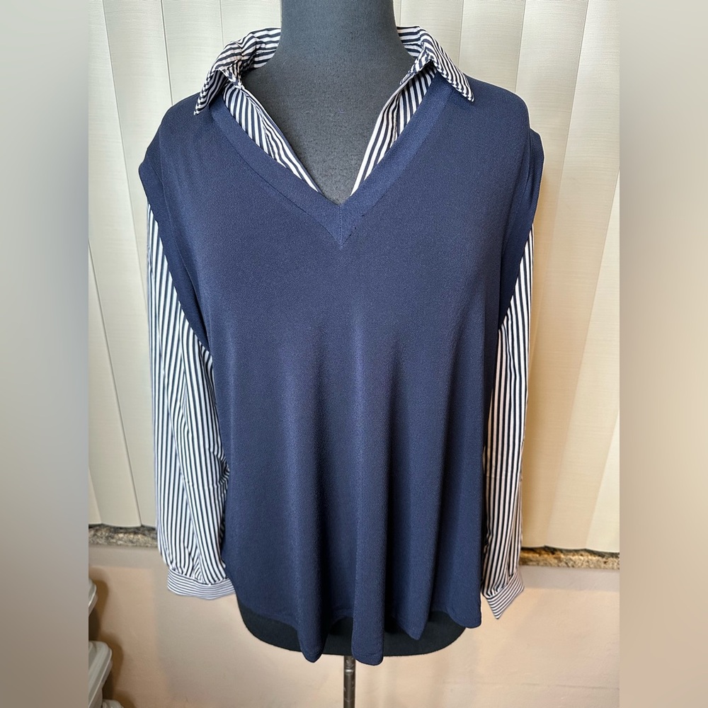 Adrianna Papell Navy Blue Layered V-Neck Top with Striped Shirt Sleeves